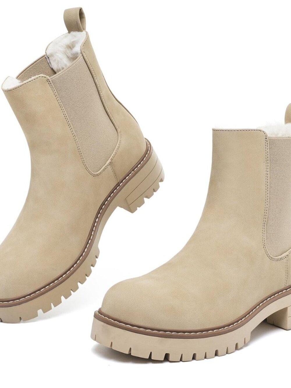 Chelsea Boots Women Winter Boots Fur Lined Chunky Lug Sole Ankle Booties